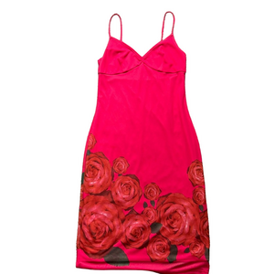 Vintage Express Pink Rose Spaghetti Strap Midi Dress 90s Y2K Size 9/10 Valentine